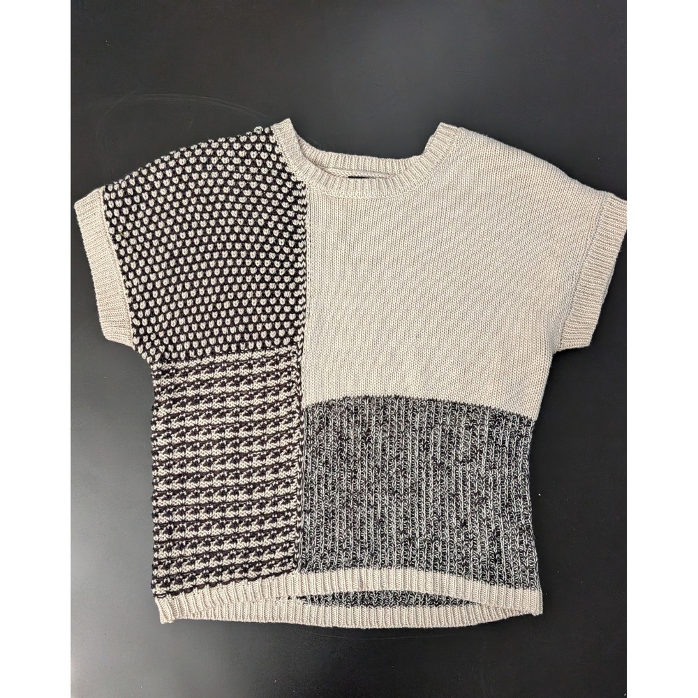 Blu Pepper Womens Colorblock Mixed Knit Short Sleeve Sweater Cream Black Small